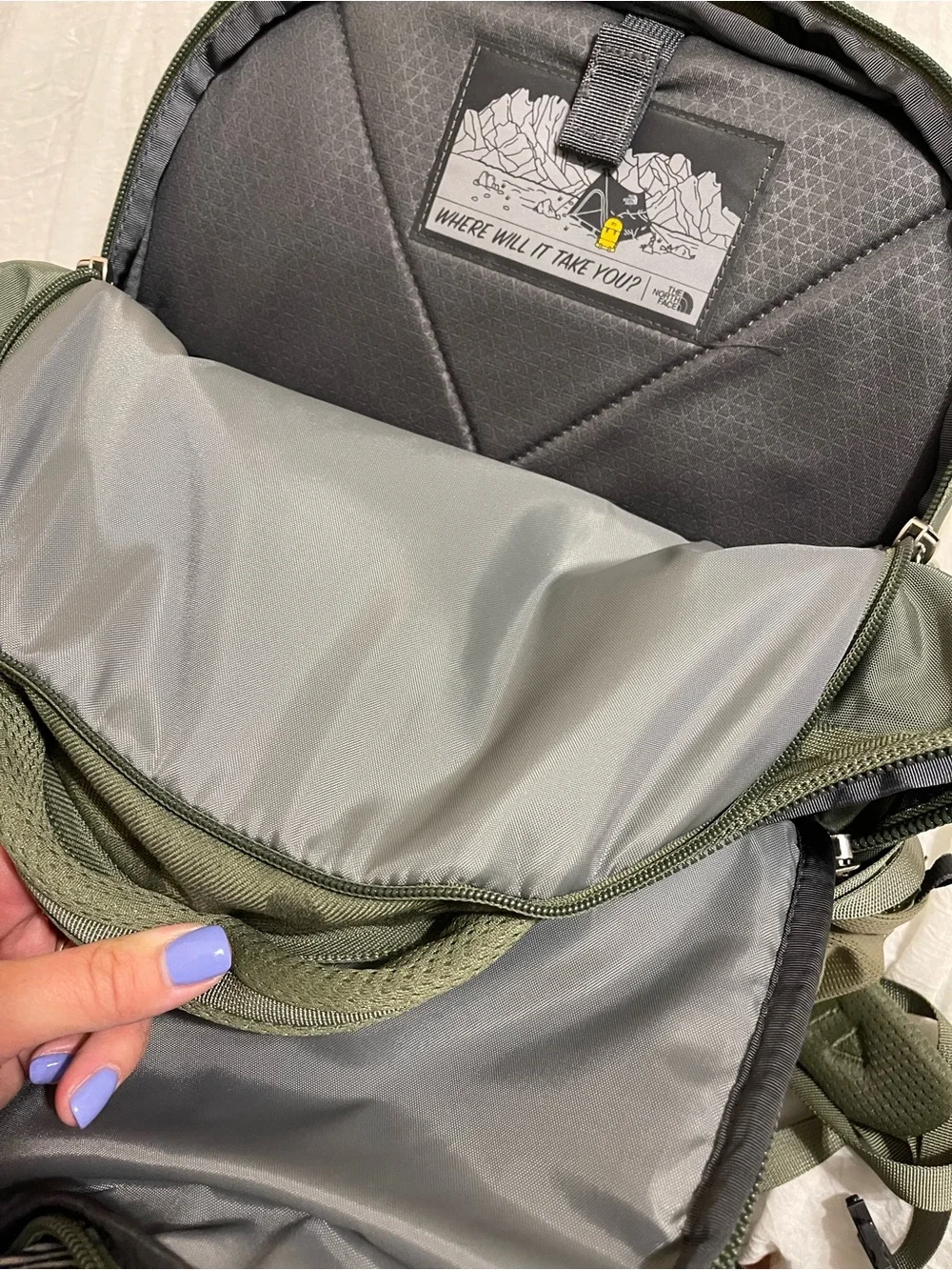 The North Face Olive Green & Purple Backpack
